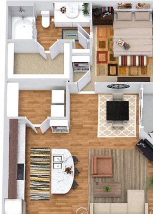 Longhorn with Attached Garage Longhorn with Attached Garage 3D. 1 bedroom apartment. Kitchen with island open to living/dinning rooms. 1 full bathroom. Walk-in closet. Patio/balcony.